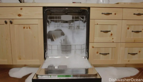 Too much suds in dishwasher due to overuse of detergent.